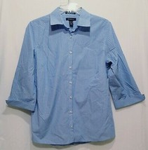 Shirt Stripes Blue White Size 10 Lands End 3/4 Sleeves Wrinkle Free Butt... - £15.18 GBP