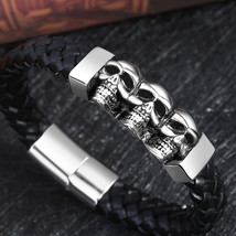 Hyperbole Men Jewelry Black Braided Leather Bracelets Men Stainless Steel Leahte - £14.43 GBP