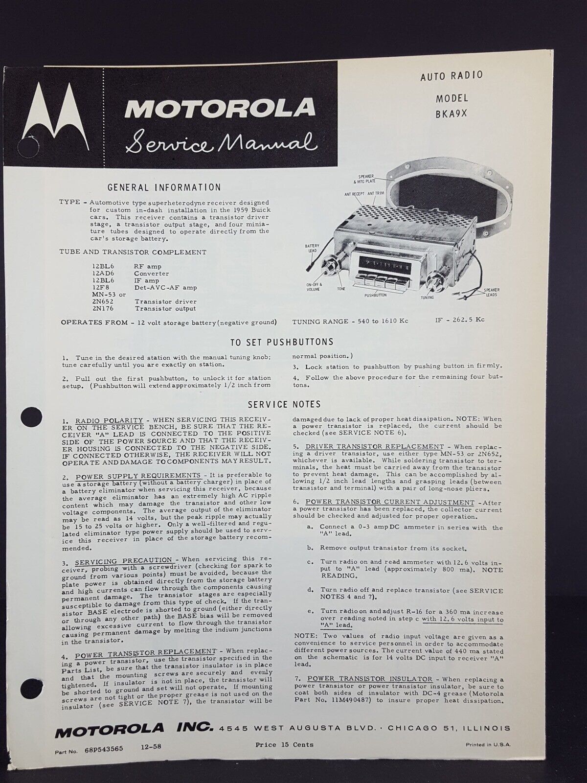Primary image for Motorola 1959 Buick Auto Radio Service Manual Model BKA9X