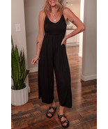 Black Spaghetti Straps Open Back Pleated Wide Leg Jumpsuit - $388.45 MXN