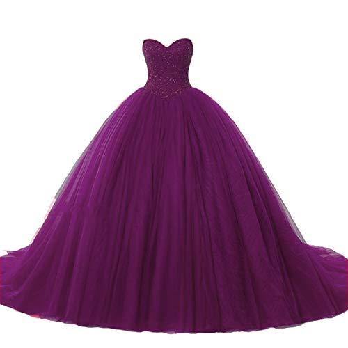 Plus Size Tulle Beaded Ball Gown Long Formal Evening Prom Dresses Purple US 22W