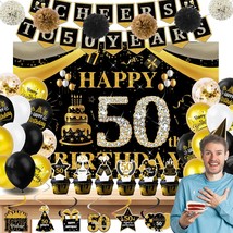 45Pcs 50Th Birthday Party Decorations Supplies For Men Women, Black Gold 50Th Ha - £22.18 GBP