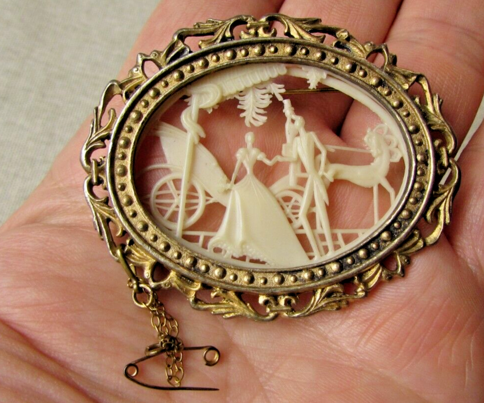 Vintage, 1940&#39;s, Carved Celluloid Cinderella / Fairy Tale Scene Brooch. - $123.72