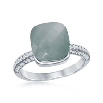Silver Checkered Square Blue Cat&#39;s Eye with Half Micro Pave Band Ring - £28.79 GBP