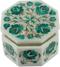 3&quot;x3&quot;x2&quot; Marble White Jewelry Vintage Box Malachite Inlaid Art Veterans Day Gift - £161.92 GBP