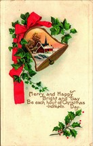 Gilt Bell Holly Ivy Red Ribbon Merry Happy Christmas Embossed DB Postcard H31 - £3.12 GBP