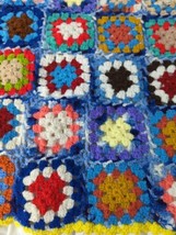 Handmade crocheted granny square Afghan blanket throw yellow trim blue r... - $29.69