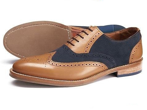 NEW Handmade Men's Navy Blue Tan Shoes, Men's Leather Suede Lace Up Wing Tip Sho