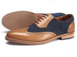 NEW Handmade Men&#39;s Navy Blue Tan Shoes, Men&#39;s Leather Suede Lace Up Wing Tip Sho - £112.84 GBP