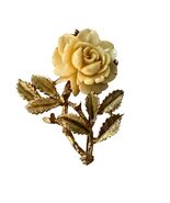 Vintage Carved Rose Brooch Cream Floral Gold Tone Leaf Pin - $21.60