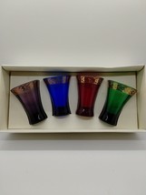 Set of 4 Pier One - Victorian 3&quot; Gold Trim Multicolor Glass Shot Glasses - $34.65