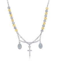 Silver GP and Silver Diamond Cut Beads with Cross and Medal Necklace - £86.15 GBP