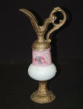 Antique Spelter Bristol Ewer Art Nouveau Ornate Dragon Metal Pink Glass Pitcher - £38.93 GBP
