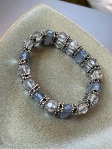 Light Blue Faceted Round Oval &amp; Silvertone Spacer Bead Stretch Bracelet – will - £10.43 GBP