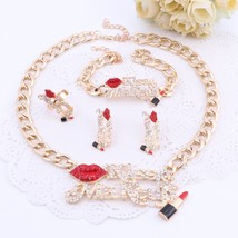 Bridal Jewelry Sets Red Sexy Lip And Enameled Lipstick Kiss Make Up Women Gold C - £17.58 GBP