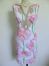 Lilly Pulitzer Janice Shift Dress 00 Clover Cup Print Gold Lace Sleeveless - £55.50 GBP
