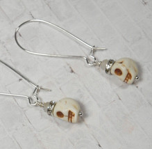 Howlite Skull Crystal Rhinestone Drop Pierced Earrings Handmade Bone White New - $9.89