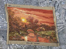 Hand embroidered vintage tapestry, finished needlepoint, Sunset, retro w... - $50.00