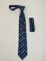 Mens Narrow Tie/Hankie Set Woven Vito Rofolo VTR-102 Navy Blue Stripe image 2