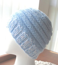 Hand Knitted Acrylic Yarn Hat - Double-Weight Band - Light Blue and White  - £17.62 GBP
