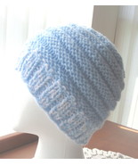 Hand Knitted Acrylic Yarn Hat - Double-Weight Band - Light Blue and White  - £15.65 GBP