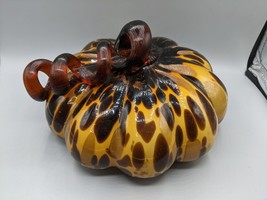 Hand Blown Glass Art Pumpkin Orange Brown Glitter Metallic Curly Stem Ha... - $9.50