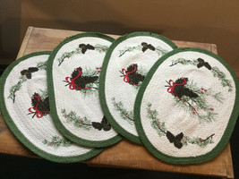 Set of 4 Christmas Holiday Placemats-Cotton Cloth Woven w/ Pine Tree &amp; Pinecones - £13.26 GBP