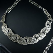 Metal Work Scroll Design Necklace Textured Silver Tone Adjustable 16&quot; Cr... - $8.94