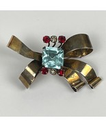 Vintage 1940s Gold Over Sterling Aqua Blue Stone Ribbon Bow Brooch - $3,672.13 MXN