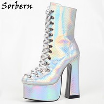 Silver Snake Holo Ankle Boots Block Heels Lace Up Platform Shoes Chunky High Hee - £212.39 GBP