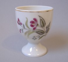 Egg Cup Purple Flowers Green Leaves White Ceramic Pottery Gold Trim Vintage - £12.67 GBP