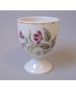 Egg Cup Purple Flowers Green Leaves White Ceramic Pottery Gold Trim Vintage - £12.78 GBP