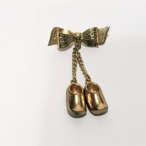 Bow Dangle Dutch Shoes Baby Brooch Pin Gold Tone 2.5&quot; Metal Signed Coro ... - £20.61 GBP