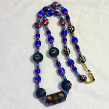 #94 Blue Chevron and White Heart Venetian Beads African Glass Beads Necklace - £38.20 GBP