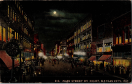 Vtg Postcard Main Street by Night Under the Moon Light, Kansas City MO, ... - £7.28 GBP