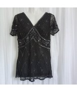 Vintage Adrianna Papell Black Tunic Top Blue Beaded Flutter Sleeves Plun... - €61,96 EUR