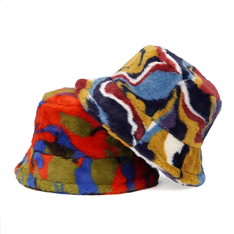 Autumn Winter Camouflage Faux Fur Bucket Hats Women Girl Fashion Warm Soft - £12.52 GBP