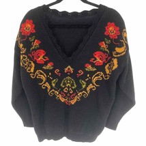 Vintage Norton McNaughton women large black pull over V neck knit floral... - $15.19