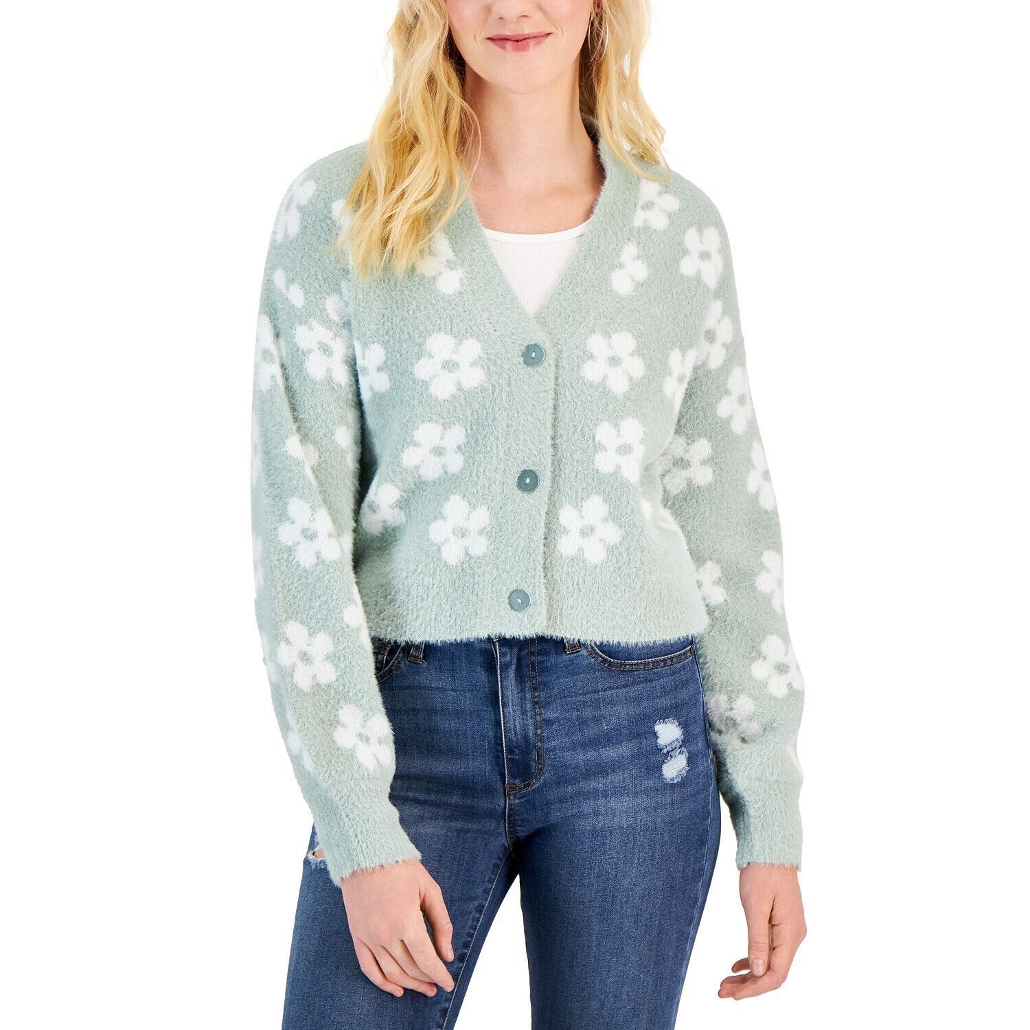 Crave Fame Juniors&#39; Balloon-Sleeve Eyelash Flower Cardigan Sage Combo L ... - $19.95