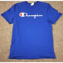 Champion Shirt Mens Medium Blue Graphic Logo Script Spellout Tee Cotton - $10.86