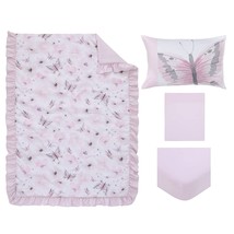 Floral Butterfly Pink, White, & Gray 4Piece Toddler Bed Set - Comforter, Fitted  - £51.89 GBP