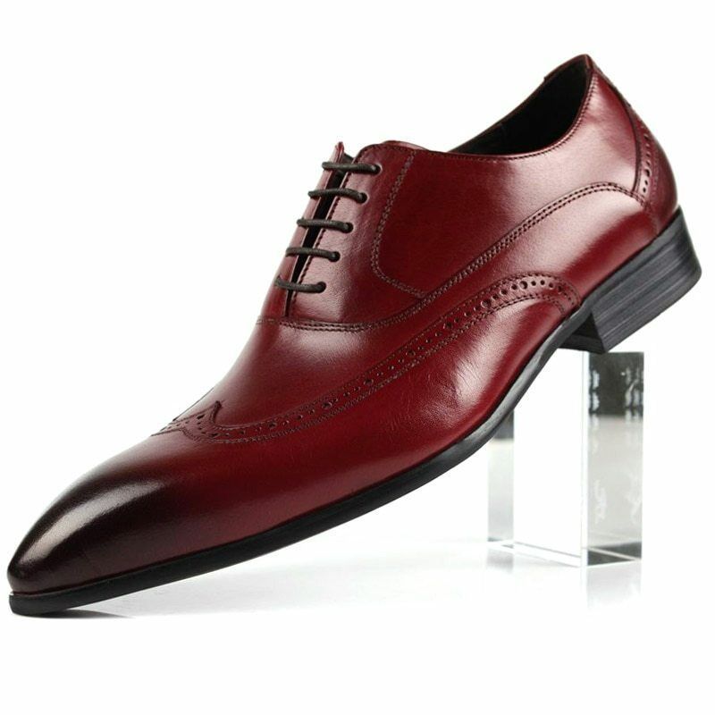 Men Maroon Red Color Derby Burnished Toe Wing Tip Leather Lace up Shoes US 7-16