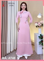 Áo dài truyền thống lụa nền hồng đính hoa voan hồng AT48  - Ao dai pink backgrou - £23.39 GBP