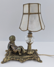 Vintage Art Nouveau Cherub L &amp; L WMC Loevsky Small Brass Lamp Oyster Shell Shade - £70.81 GBP