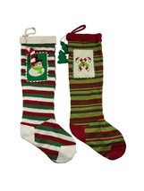 Lot of 2 Knit Christmas Stockings Snowman Candy Cane Red Green Knit 22.5&quot; - £15.01 GBP