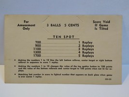 Ten Spot Pinball Machine Score Replay Card Original NOS Vintage 1961   - $21.38