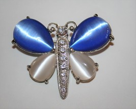 Silver Butterfly Blue Moonglow Glass Rhinestone Brooch Pin  J260 - £15.92 GBP