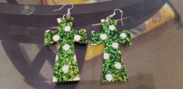 Faux Leather Dangle Earrings (New) Glitter Green Cross W/ White Polka Dots - £4.44 GBP