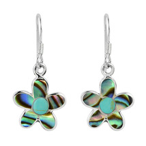 Cute Flower w/ Green TQ & Abalone Shell Inlay Sterling Silver Dangle Earrings - $17.81