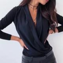 Color: ALLBlack, Size: L - Sexy long-sleeved stitching deep V swing collar shirt - £27.50 GBP